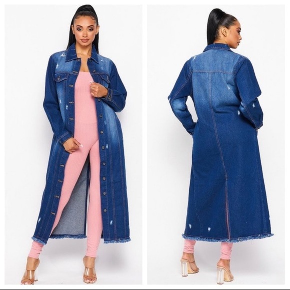 NEW FALL TRENDY BUTTON‎ DOWN DARK WASH DENIM LONG JACKET - Picture 4 of 6